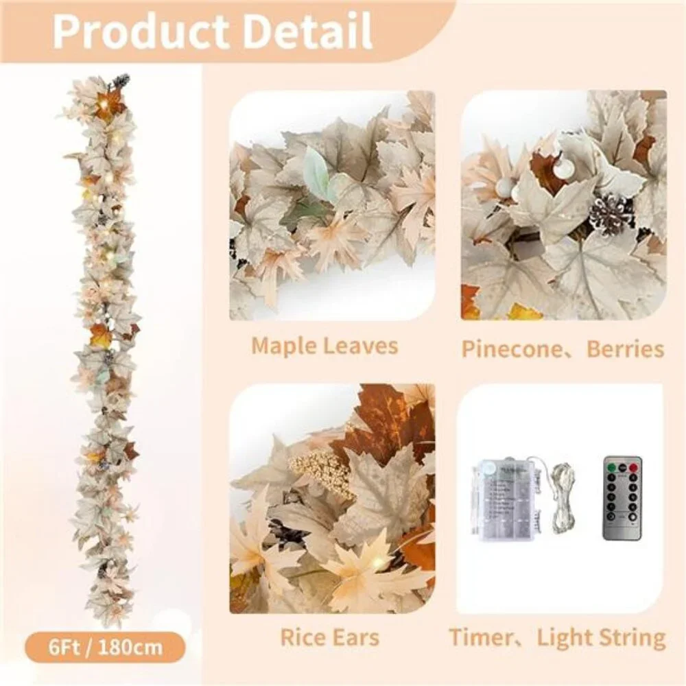 Fall Leaves Garland with Lights: 6Ft Autumn Maple Leaf Garlands